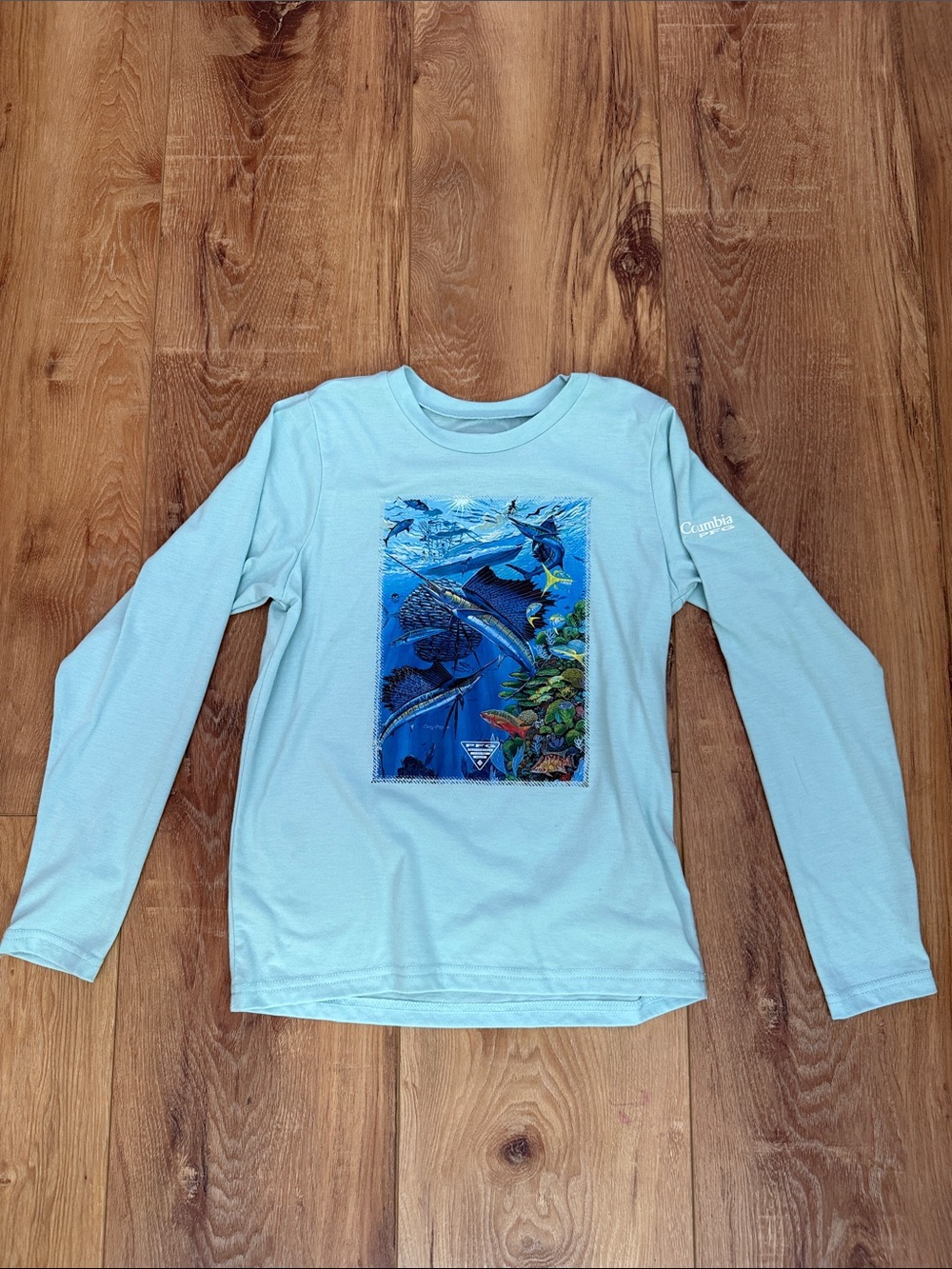 Columbia Light Blue Long Sleeve Tee with Marine Life Print
